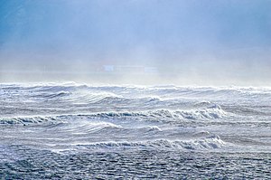 Sea spray containing marine microorganisms can be swept high into the atmosphere, where it becomes part of the aeroplankton and may travel the globe before falling back to earth. Ocean mist and spray 2.jpg
