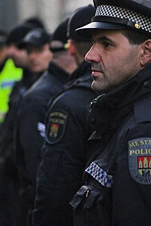 Municipal police officers (straznici) in Prague (Czech Republic) Prague city guard, policeman.jpg