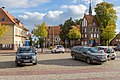 “Rathausmarkt“, town hall and St Nicolas‘ church with bell tower.