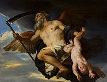 Chronos and his child by Giovanni Francesco Romanelli, National Museum in Warsaw, is a 17th-century depiction of Titan Cronus as "Father Time" wielding the harvesting scythe Romanelli Chronos and his child.jpg