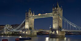 Tower Bridge on the River Thames at night.