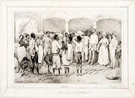 Bleistiftzeichnung 1843 Plantage Meerzorg. Ausgabe von gesalzenem Kabeljau an Sklaven.