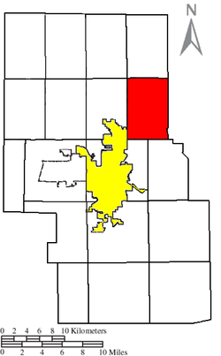 Location of Weller Township (red) in Richland County, next to the city of Mansfield (yellow).