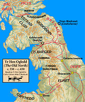 Map of northern Britain showing the Gododdin and other tribes c.600 AD Yr.Hen.Ogledd.550.650.Koch.jpg