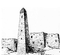 Věž rodiny Gelaga (čečensky Gelagan blov) v Chajbachu. Kresba: Vsevolod Miller, 1888