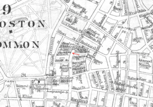 Detail of 1886 map of Boston, showing the Bijou adjacent to the Boston Theatre
