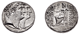 Coin minted by Antiochus XI and Philip I. The obverse depict them together with Antiochus XI appearing ahead of Philip. The reverse contain the kings' names to the right and their epithets to the left. In the middle of the reverse, Zeus is depicted sitting on a throne holding a sceptre and holding a Nike in his hand which is stretched toward the inscription of the epithets