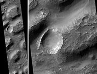 Hummocks in Ariadness Colles, as seen by HiRISE. Right picture is an enlargement of a portion of the other picture.