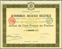 Action de la S. A. des Automobiles Delaunay Belleville en date du 29 avril 1924