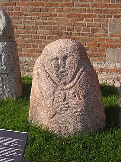 Medieval sculpture, so-called "stone baba", used to stand on the border of Mózgowo and  Laseczno. Today in Gdańsk, Muzeum Archeologiczne