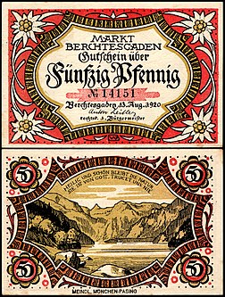 Nota de 50 Pfennig Notgeld emitida em 13 de agosto de 1920 pela cidade alemã de Berchtesgaden, Alta Baviera (definição 2 193 × 2 901)