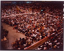 An ICOC Church Service in the Boston Garden. Prior to the building's demolition in 1998, the Massachusetts congregation held Sunday services in the Boston Garden arena. Boston Garden church service.jpg