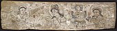 Painting on wooden panel discovered by Aurel Stein in Dandan Oilik, depicting the legend of the princess who hid silk worm eggs in her headdress to smuggle them out of China to the Kingdom of Khotan; 7th to 8th century; British Museum (London)