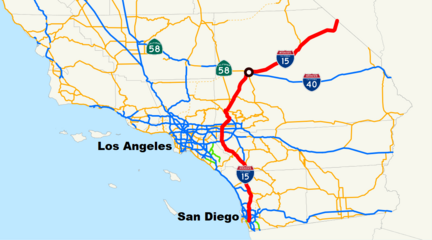 Barstow im Straßennetz von Süd­kalifornien nordöstlich der Greater Los Angeles Area