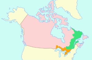 Harta Canadei unite cu cele două părți componente. Canada Vest cu portocaliu și Canada Est cu verde
