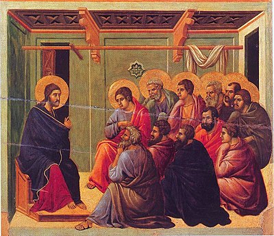 Jesus giving the Farewell Discourse (John 14-17) to his disciples, after the Last Supper, from the Maesta by Duccio, 1308-1311 Christ Taking Leave of the Apostles.jpg