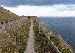 A view from a cliff edge with a path in the middle, a railway line on the left, and the North Sea on the right stretching into the distance