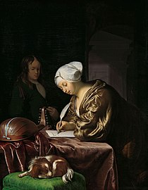 Nainen kirjoittaa kirjettä, 1680, 25 × 20 cm, Rijksmuseum, Amsterdam.