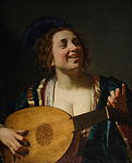 Kvinna som tar ut ackord på sin luta av Gerard van Honthorst , 1624