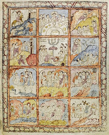 Folio 125r contains 12 scenes from the Passion Gospels of Saint Augustine, Cambridge, Corpus Christi College, Ms. 286, fol. 125r.jpg