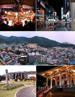 From top left: Pojangmacha in Gwangju's Night Market, Street of Gwangju, Cityscape of Gwangju, Gwangju Folk Museum, & Democracy Bell