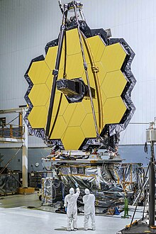 Main mirror assembly from the front with primary mirrors attached, November 2016 JWST Full Mirror.jpg