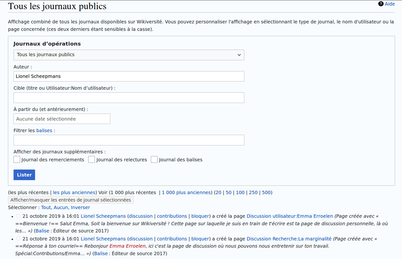 Copie d'écran des journaux du projet Wikiversité francophone.