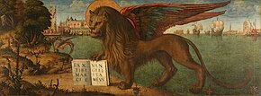 Mark the Evangelist's symbol is the winged lion, the Lion of Saint Mark. Inscription: PAX TIBI MARCE EVANGELISTA MEVS
('peace be upon you, Mark, my evangelist'). The same lion is also the symbol of Venice (on illustration). Leone marciano andante - Vittore Carpaccio - Google Cultural Institute.jpg