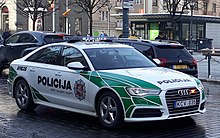 Lithuanian police cruiser in Gediminas Avenue, Vilnius Lithuanian Police A6 (2018).jpg