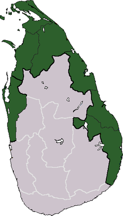 Sri Lanka: zielonym kolorem zaznaczono terytoria, które zdaniem LTTE powinny wchodzić w skład tamilskiego państwa - Ilamu