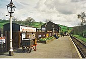 Gas train station lamp at Oakworth railway station in West Yorkshire, England Looking Downline from Oakworth Station - geograph.org.uk - 253044.jpg