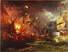 Defeat of the Spanish Armada, 1588-08-08 by Philippe-Jacques de Loutherbourg, painted 1796, depicts the battle of Gravelines. Loutherbourg-Spanish Armada.jpg