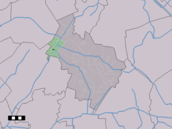 The town centre (dark green) and the statistical district (light green) of Hoogersmilde in the municipality of Midden-Drenthe.