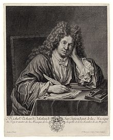 French Baroque music composer Michel Richard Delalande (1657-1726), pen in hand Michel Richard Delalande engraving BNF Gallica.jpg