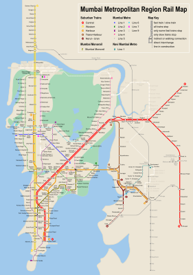 The map is designed to give a complete overview of the Mumbai Region Rail network. It includes most of the required information about Mumbai local (Western Line, Central Line, Harbour Line, Trans Harbour Line, Mumbai Metro, Mono Rail) such as – Fast/Slow Lines, Connections and Transfers, etc.