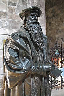Cathedral churches like St. Andrews were incompatible with the presbyterian polity taught by John Knox. This statue stands in St. Giles, still called a cathedral despite no longer serving as an episcopal seat. Pittendrigh Macgillivray Knox.jpg