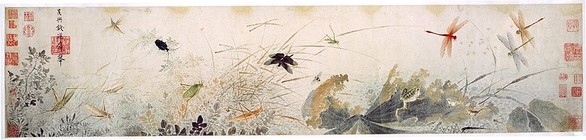 Vroege herfst door Qian Xuan;[f] mogelijk zijn de rottende lotusbladeren en de libellen die boven het stilstaand water zweven een verkapte kritiek op de Mongoolse overheersing van de Yuan-dynastie.[1]