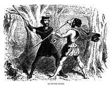 Quarterstaves in use, from Old English Sports, Pastimes and Customs, published 1891