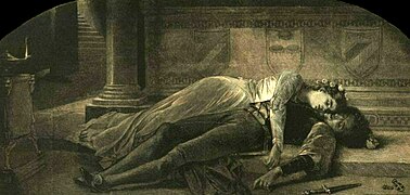 Juliette et Roméo morts, couchés l'une sur l'autre.
