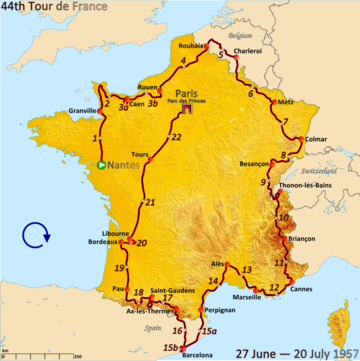 Route of the 1957 Tour de France followed clockwise, starting in Nantes and finishing in Paris