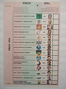 Ballot paper used in 1994 election South African 1994 election ballot paper.jpg