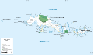 Karte der Südlichen Orkneyinseln mit Laurie Island (rechts) und den Mellville Highlands