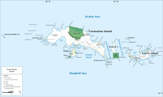 Karte von Coronation Island (Mitte) mit den Brisbane Heights und dem Mount Nivea, zwischen denen der High Stile verläuft