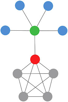 In the illustrated network, green and red nodes are the most dissimilar because they do not share neighbors between them. So, the green one contributes more to the centrality of the red one than the gray ones, because the red one can access to the blue ones only through the green, and the gray nodes are redundant for the red one, because it can access directly to each gray node without any intermediary. Srep17095-f1.jpg