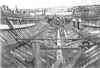 The timber hull takes shape at the David Drake yard in Balmain