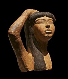 Terracotta sculpture of a woman with her arm flung across her forehead