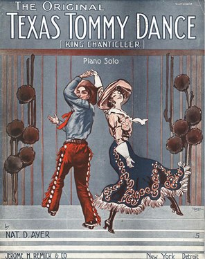 Couverture de partition musicale montrant des danseurs dansant le Texas Tommy, illustrée par Walter P. Starmer (en) (1914)[19].