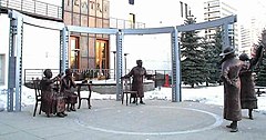 Statue in downtown Calgary of the Famous Five. An identical statue exists on Parliament Hill, Ottawa. The Valiant Five Statue.jpg