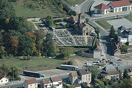 An aerial view of the church and surroundings