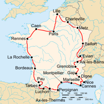 Map of France with the route of the 1933 Tour de France